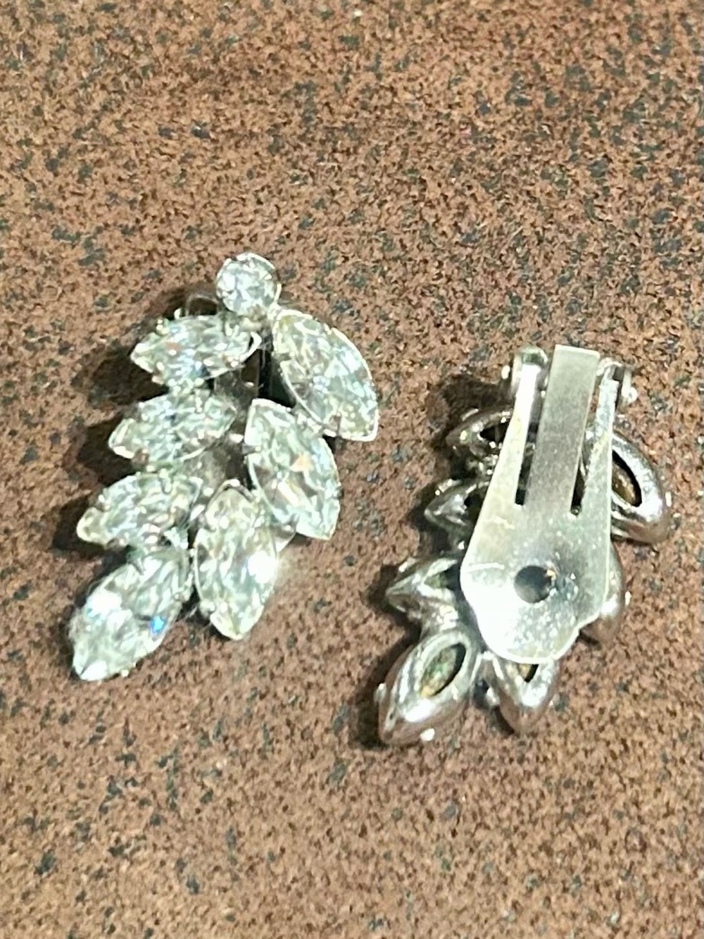 Vintage 1950s Style Clear Rhinestone Leaf Cluster Clip On Earrings Bridal